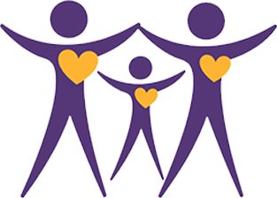 Three purple silhouettes hold hands. Each has a golden heart. 