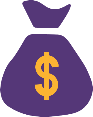 Purple cartoon bag of money with golden dollar sign on the front